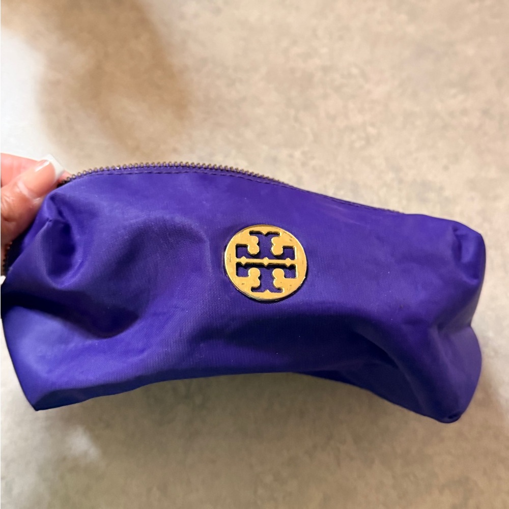 Tory Burch Purple Zip Cosmetic Pouch with Gold Emblem